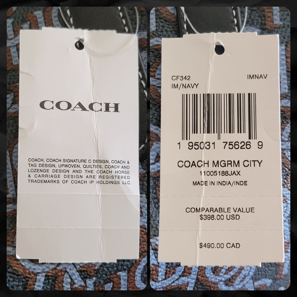 Coach CF342 City Tote Shoulder Bag Navy Blue Monogram Coated Canvas Leather NWT - Picture 14 of 16